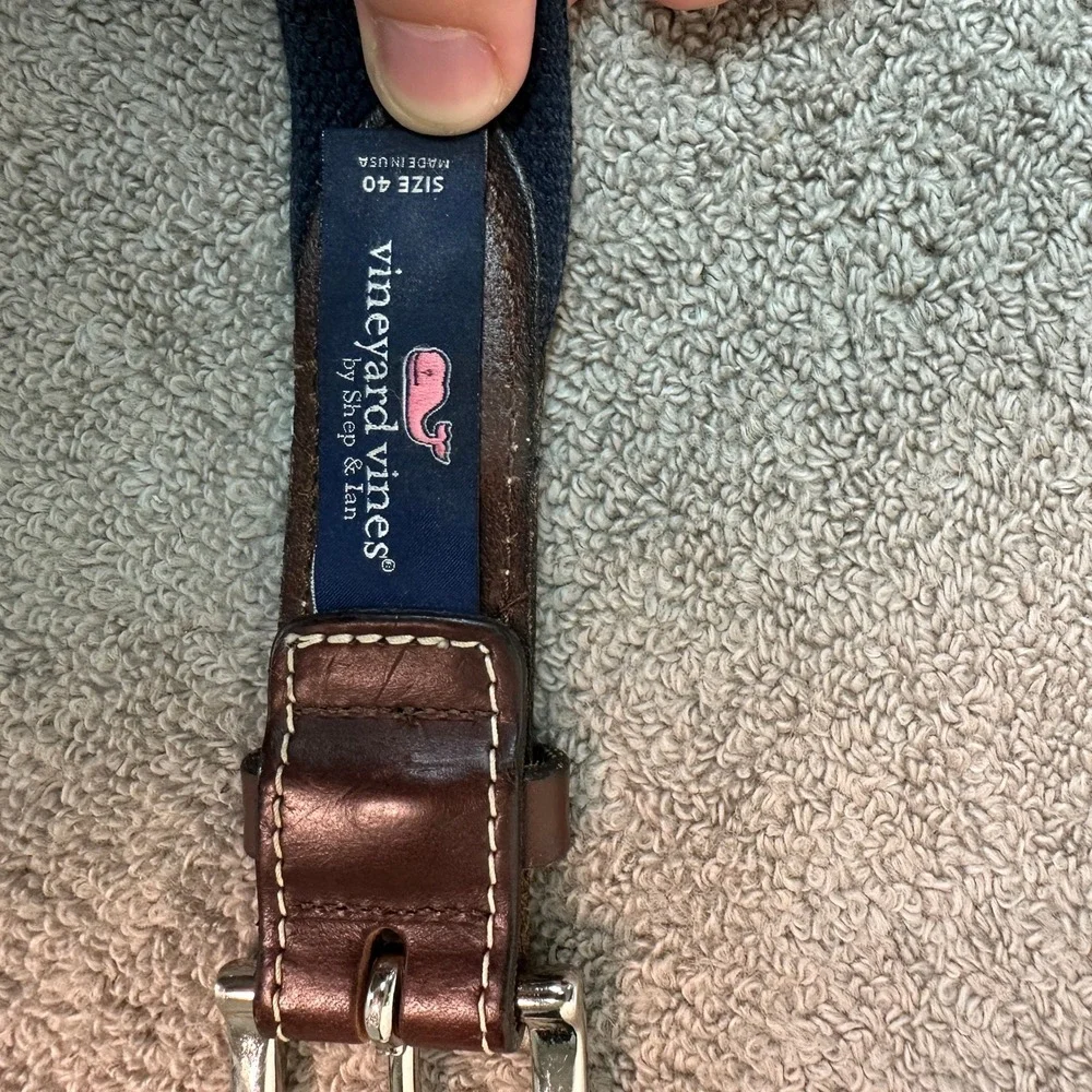 Vineyard Vines Mens Canvas Club Belt Brown Leather Whale Logo Navy Blue Size 40